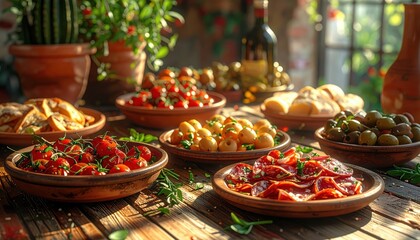 Fototapeta premium A rustic outdoor table laden with various tapas dishes, including olives, sliced cured meats, and fresh cherry tomatoes, bathed in warm sunlight.
