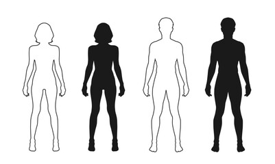 human body man and woman silhouette, male and female figure. vector monochrome isolated person outline standing full height. Outline and black people anatomy representation. Vector illustration © Ammarit