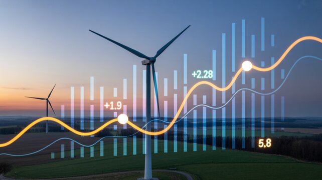 Wind turbines at sunset with financial growth chart overlay and data visualization energy renewable energy - Powered by Adobe