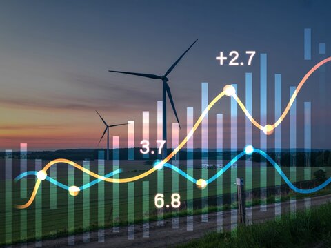 Green Energy Investment - A field of wind turbines and solar panels at sunset with an overlay of a financial chart, symbolizing renewable energy and economic growth - Powered by Adobe