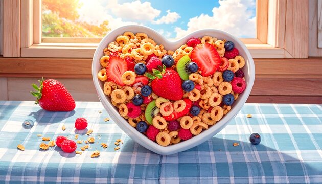 Heart-shaped bowl of cereal with fresh berries and kiwi - Powered by Adobe
