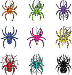 Colorful Halloween Spider and Web Icon Pack: Set of 9 Different Spider Illustrations with Unique Designs on a White Background