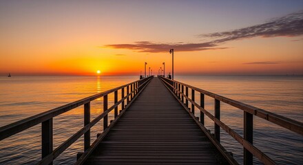 Fototapeta premium wooden pier, sea pier, ocean pier, sunset pier, golden sunset, seaside view, scenic pier, ocean horizon, seascape, evening light, romantic sunset, tranquil sea, beach pier, sunset sky, coastal landsca