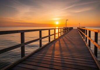 Obraz premium wooden pier, sea pier, ocean pier, sunset pier, golden sunset, seaside view, scenic pier, ocean horizon, seascape, evening light, romantic sunset, tranquil sea, beach pier, sunset sky, coastal landsca