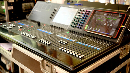 Professional audio equalizer DJ remote control in studio. Sound and music recording industry. Modern sound equipment.
