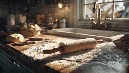 Rustic kitchen countertop, flour dusted, rolling pin, baking prep