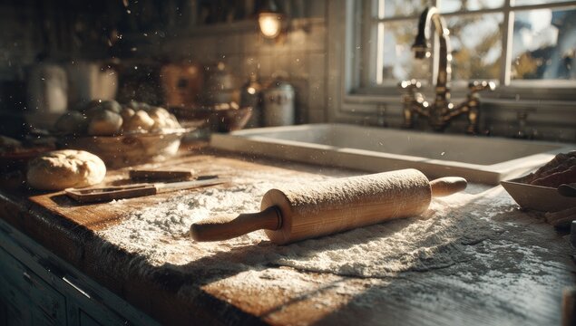 Rustic kitchen countertop, flour dusted, rolling pin, baking prep