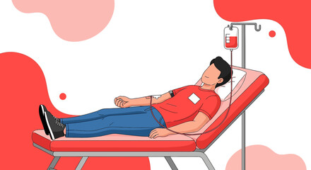 Blood donation process illustration with a man lying on a medical bed during donation blood