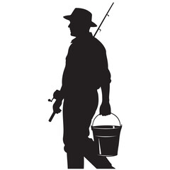 Silhouette of a Man Walking with Fishing Rod and Bucket © Zulfa