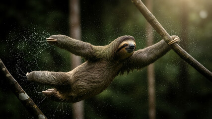 Obraz premium Funny wet sloth swinging between branches in the rainforest. Playful wild animal splashing water in a dynamic action pose.