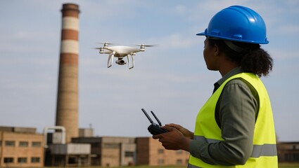 Drone inspecting industrial chimney with female operator in safety gear, infrastructure monitoring