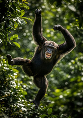 Excited chimpanzee swinging through the jungle. Playful great ape with mouth open in its natural rainforest habitat.