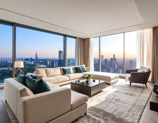 Luxury penthouse living room with panoramic city skyline views at sunset