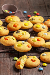 Traditional homemade cookies with chocolate candies in glaze. Shortbread.