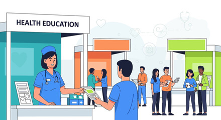 Engaging Health Education Fair Illustration with Diverse Community Participation and Expert Guidance