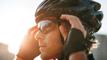 Cyclist adjusting protective helmet outdoors with road and bright background, highlighting safety, endurance, sport lifestyle, great for fitness advertising and active lifestyle concepts