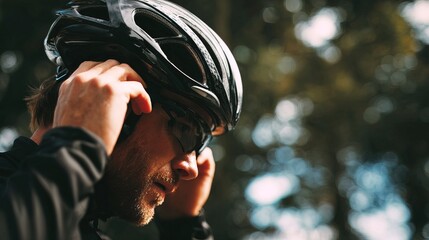 Close-up male cyclist adjusting his helmet under bright natural daylight, symbolizing safety, preparation and outdoor activity, ideal for sports campaigns, fitness blogs and cycling promotions