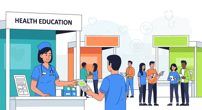 Engaging Health Education Fair Illustration with Diverse Community Participation and Expert Guidance