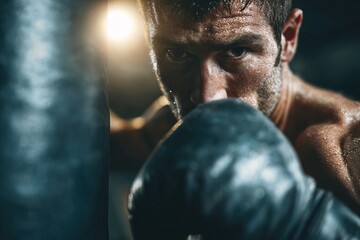 Strong close-up image of man boxing with gloves against punching bag, representing movement, energy and motivation. Ideal for marketing campaigns, motivational posters and athletic content