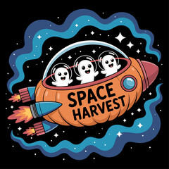 Cute Halloween Space Harvest: Pumpkin Rocket with Ghost Astronauts Cartoon Vector Illustration