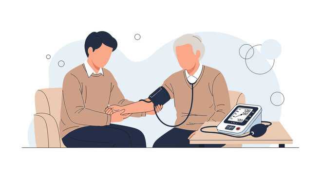 Healthcare professional taking blood pressure of senior patient in comfortable setting illustration