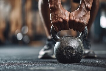 Detailed photo of strong grip on kettlebell symbolizing training, commitment and resilience, ideal for fitness programs, gym websites and inspirational sports visuals