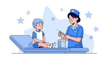 Illustration of a cheerful young boy receiving a vaccine from a friendly nurse in a clinical setting