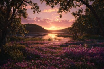 Scenic sunset over a lake, framed by trees and vibrant flowers