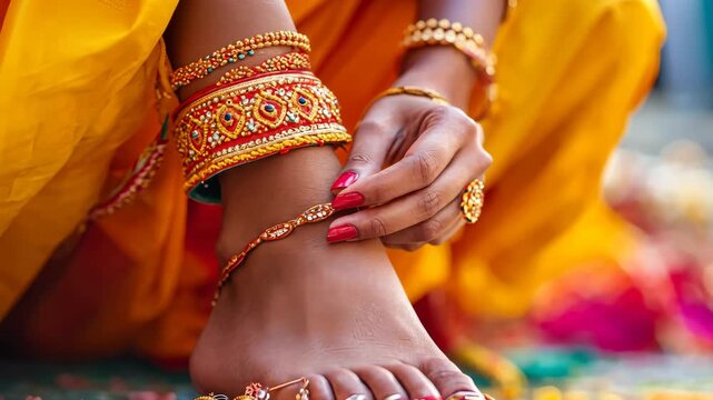 Graceful ankle bracelet adornment in traditional indian attire with vibrant colors and intricate jewelry