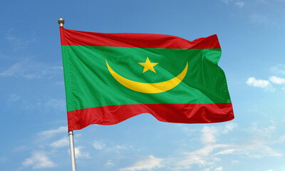 Waving flag of Mauritania with crescent and star on green, red and yellow background
