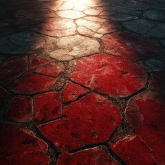 Red-toned, cracked stone pavement with spotlight