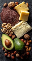 Healthy fats, nuts, seeds, and cheese on dark surface