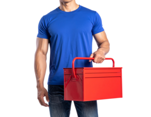 Male Worker in Blue Shirt Carrying Toolbox PNG