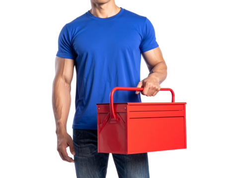 Male Worker in Blue Shirt Carrying Toolbox PNG