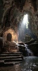 Cave interior with sunlight, steps, and waterfall