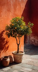 Orange tree in terracotta pot against a vibrant orange wall
