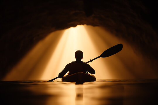 Silhouette of a kayaker paddling out of a dark cave into a pool of bright light, creating a sense of adventure and exploration.