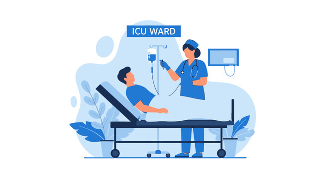 Illustration of a patient in an ICU ward receiving medical care and monitoring by a nurse