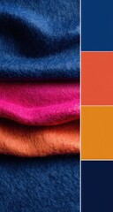 Fabric swatches in deep blues, pinks, and oranges