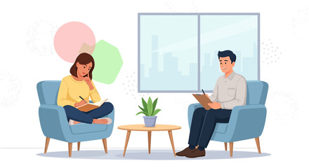 Illustration of a therapy session showcasing empathy, communication, and mental wellness in a clinic