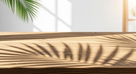 Sunlit Wooden Table with Dappled Palm Leaf Shadows and Tropical Morning Glow.