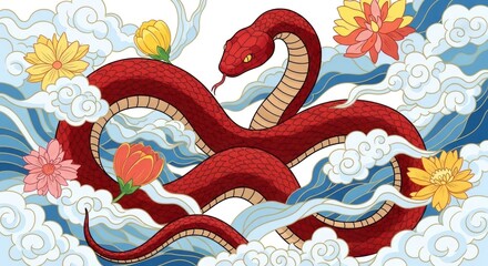 Mythical Red Serpent Coiled Amidst Stylized Asian Waves and Celestial Clouds.