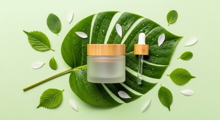 Natural Skincare Still Life - Bamboo Cosmetics on a Dewy Monstera Leaf Flat Lay.