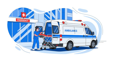Medical Emergency Response Illustration: Healthcare worker pulling gurney from ambulance at