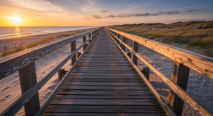 Path to the Horizon - A Wooden Boardwalk into the Golden Glow of a Beach Sunset.
