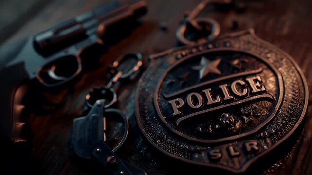 A closeup shot of a police badge and various firearms on a wooden surface. The badge is metallic with a star at the top and the word POLICE embossed on it. The background is dark.