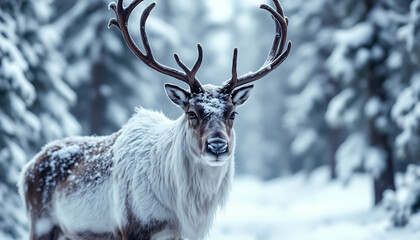A magnificent brown buck with majestic antlers stands in the snowy forest, a beautiful wild animal in the winter landscape