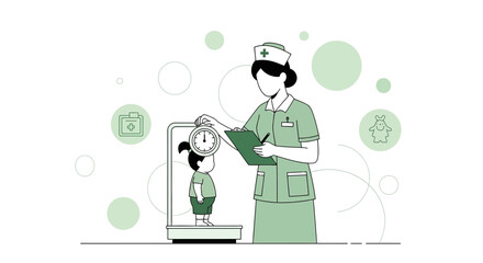 Pediatric check-up: Nurse measuring a child's height on a stadiometer in hospital for regular