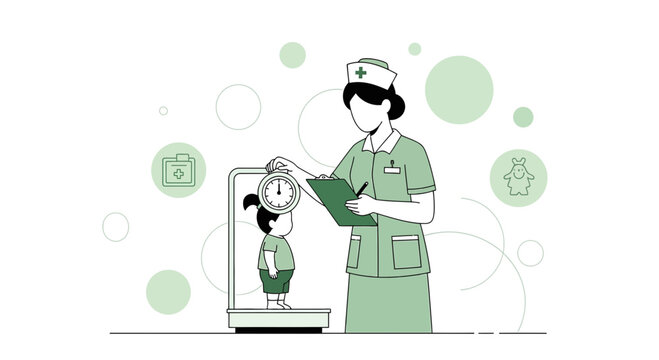 Pediatric check-up: Nurse measuring a child's height on a stadiometer in hospital for regular