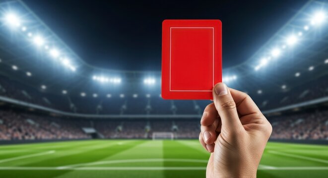 Referees Decisive Judgment - A Red Card Held High in a Floodlit Soccer Stadium.